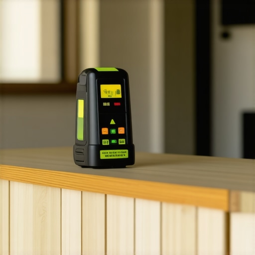 Person using a laser level to check alignment of a built-in vanity corner.