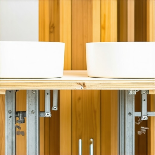 Detailed view of bathroom vanity being installed on a plywood base with steel cleats and shims, illustrating stabilization techniques
