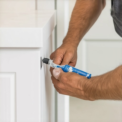 A craftsman applying waterproof sealant along the base of a bathroom vanity to prevent water damage.