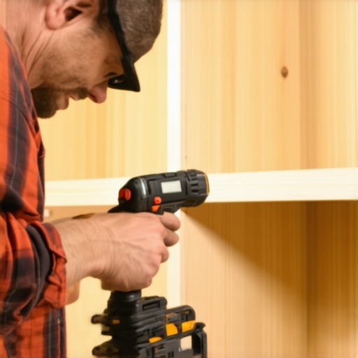 Person maintaining custom storage shelves with drill and caliper in a bright workshop.