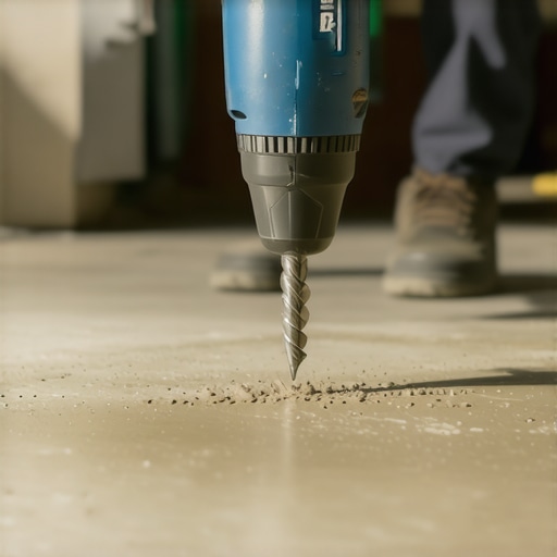 Person installing concrete anchors into garage floor for securing a workbench
