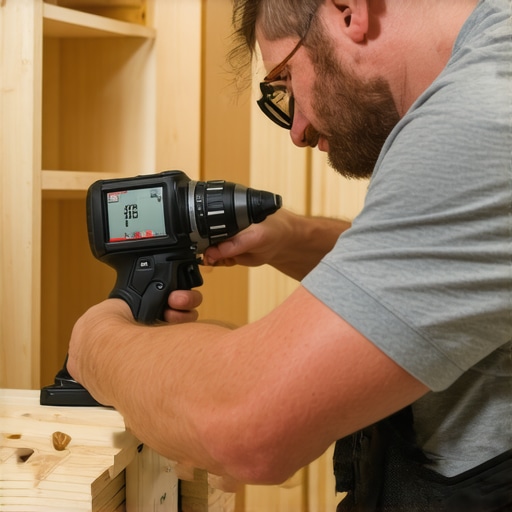 A person measuring and securing built-in shelves in a workshop.