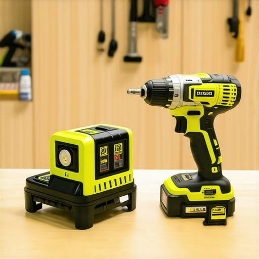 A laser level illuminating a wall and a Makita impact driver ready for installation