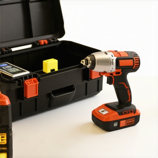 Essential tools for long-term storage maintenance Impact driver and digital level on a workbench for storage upkeep