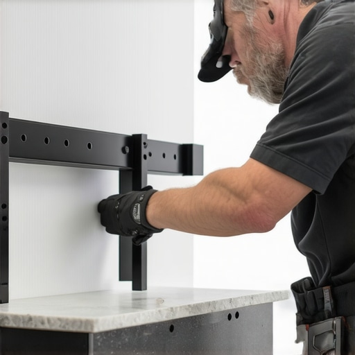 Installer attaching steel support brackets to a vanity in a bathroom.
