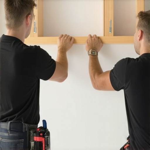 A person carefully mounting garage cabinets over electrical conduits using support brackets and spacers in a well-lit garage.