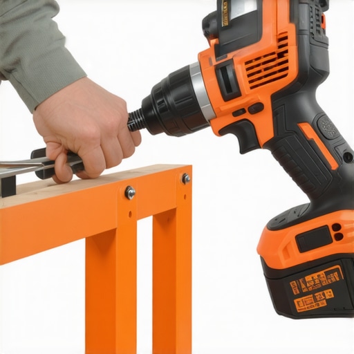 Impact Driver Securing Support Brackets A person using a cordless impact driver to attach steel brackets inside a built-in furniture piece