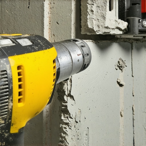A person drilling a hole into a concrete wall for a wedge anchor with a power drill