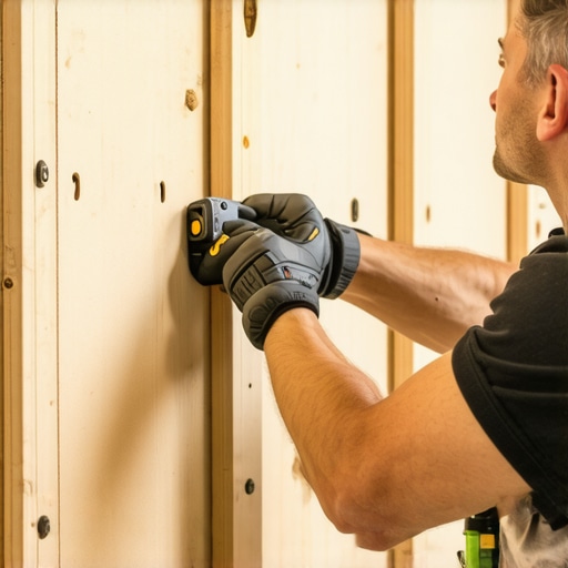 Professional carpenter measuring wall studs for custom shelving installation.