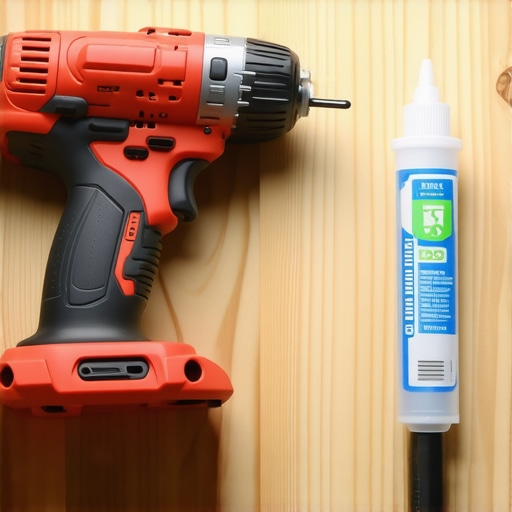 Power Tools for Vanity Maintenance Impact driver and adhesive for support reinforcement on a woodworking workbench.