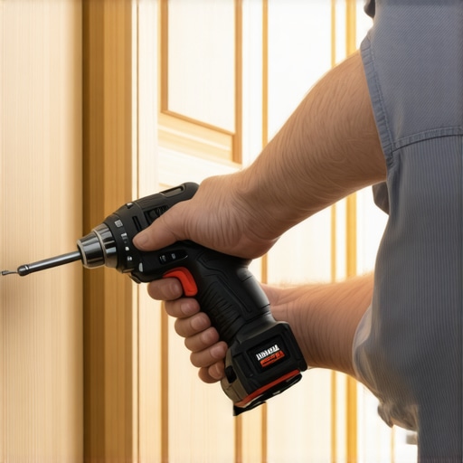 Hands using torque wrench and impact driver on cabinetry hardware