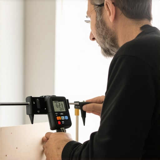 Homeowner using a digital level to check and adjust a built-in vanity's support supports in a stylish bathroom.
