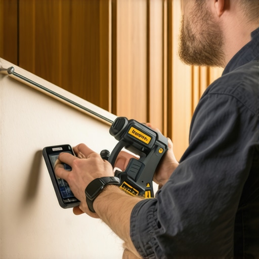 Handyman using advanced tools for secure cabinet setup