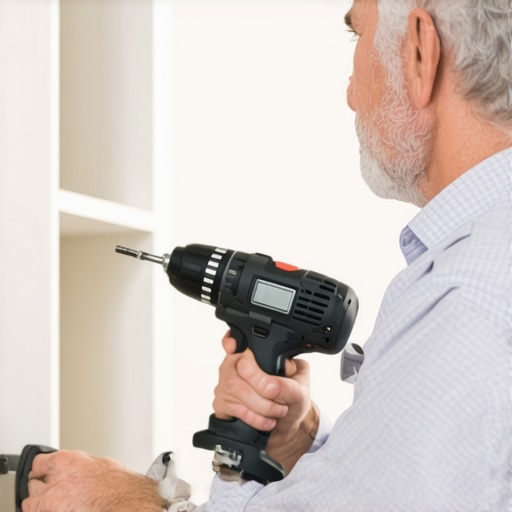 Homeowner maintaining built-in storage with a cordless drill and high-accuracy caliper.