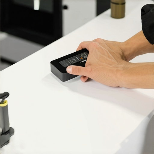 Person using a digital level to ensure perfect alignment of a floating vanity.