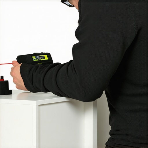 A person calibrating a digital laser level on a custom vanity for accurate alignment.