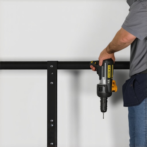 A handyman securing a heavy-duty steel support bracket under a closet rod into wall studs.