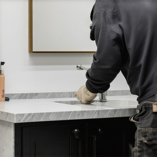 Professional securing a heavy stone vanity with special brackets for durability