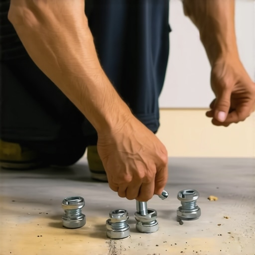 Person inserting toggle bolts into concrete floor during vanity setup.