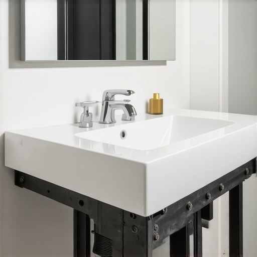 Steel supports reinforcing a heavy bathroom vanity for durability in a humid environment.