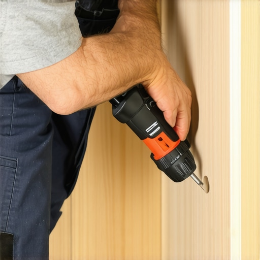 A person securing a shelf bracket to the wall using a screwdriver.