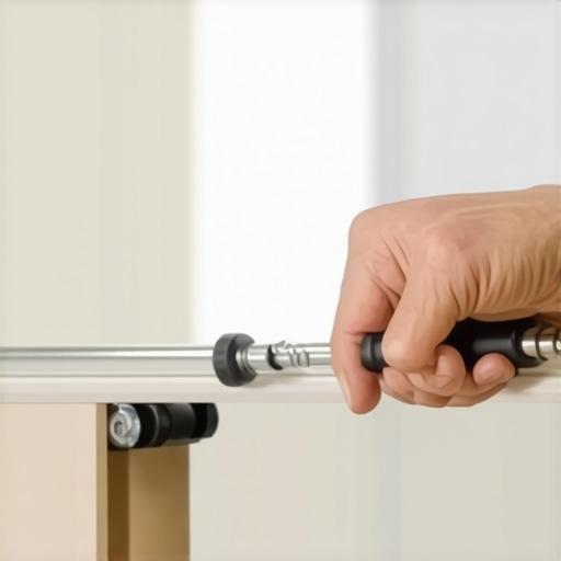 Person tightening screws on a sliding pantry track with a screwdriver