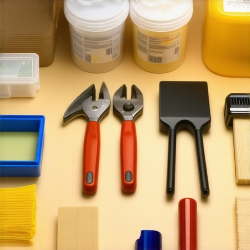 A detailed shot of a screwdriver, putty knife, and sealant on a woodworking workbench.