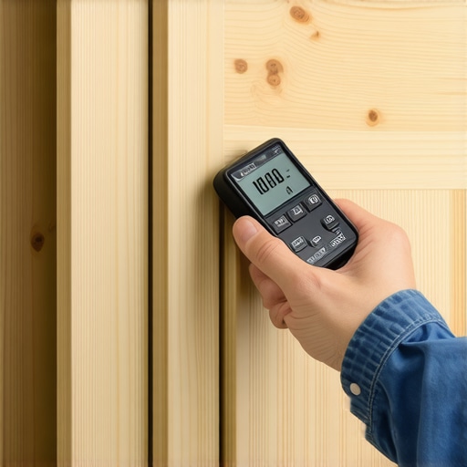 Using a Moisture Meter to Protect Built-Ins Person measuring moisture levels in wood of built-in cabinetry with a digital moisture meter.
