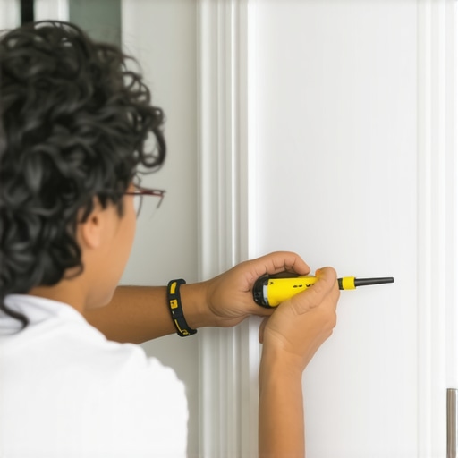 Using a scribing tool on textured wall for cabinet installation A close-up of a hand holding a scribing tool against a textured wall during cabinet fitting