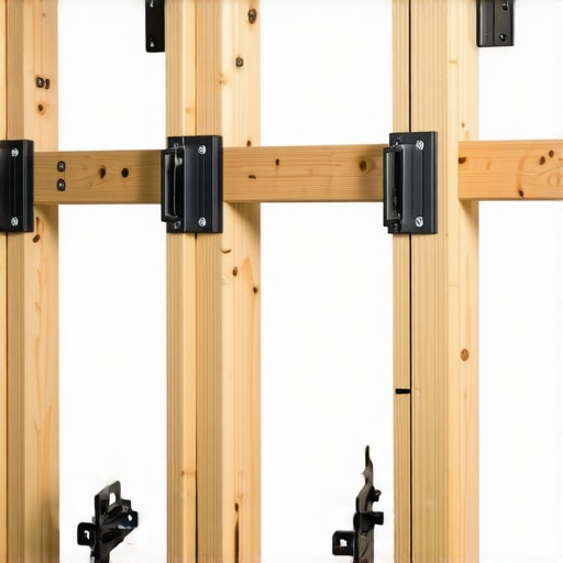 Detailed view of wooden wall studs with steel brackets reinforcing a wall for installing lockers.