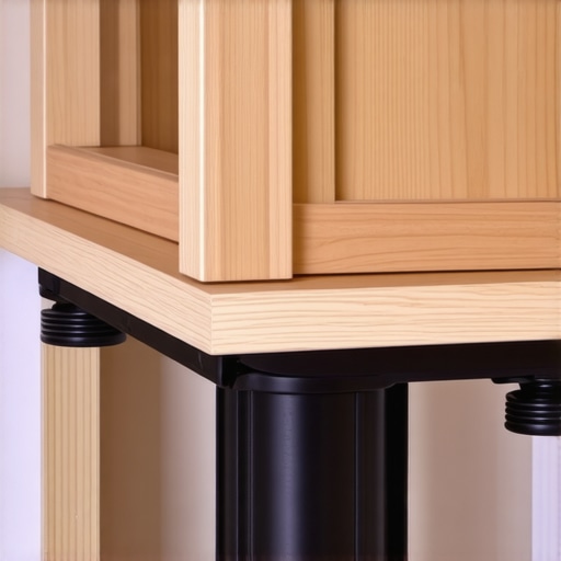 Close-up of plastic leveling legs providing a moisture barrier for garage cabinets.