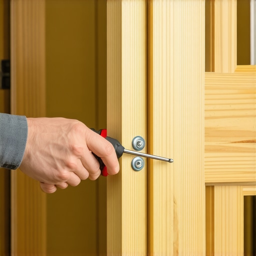 A hand adjusting the height screw of a sliding closet door for better alignment.