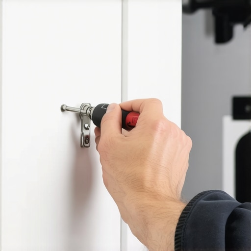 A close-up view of a screwdriver turning the adjustment screw on a cabinet hinge to fix a sagging door.
