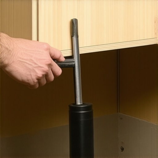 A hand adjusting polymer leveling legs under a cabinet with a wrench