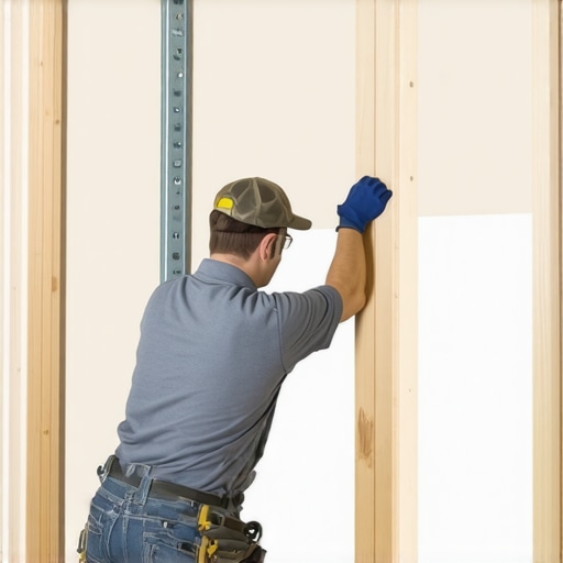 Close-up of internal wall blocking and steel brackets being installed to support a heavy bathroom vanity.