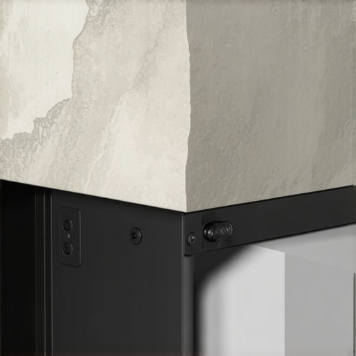 Close-up of steel angle reinforcement under a heavy quartz countertop