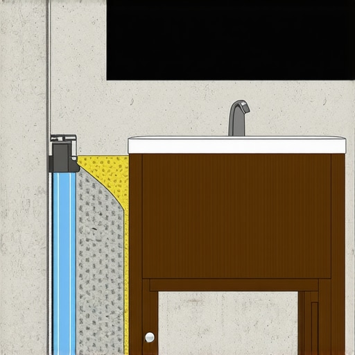 Diagram of moisture barrier and leveling shims for bathroom vanity installation