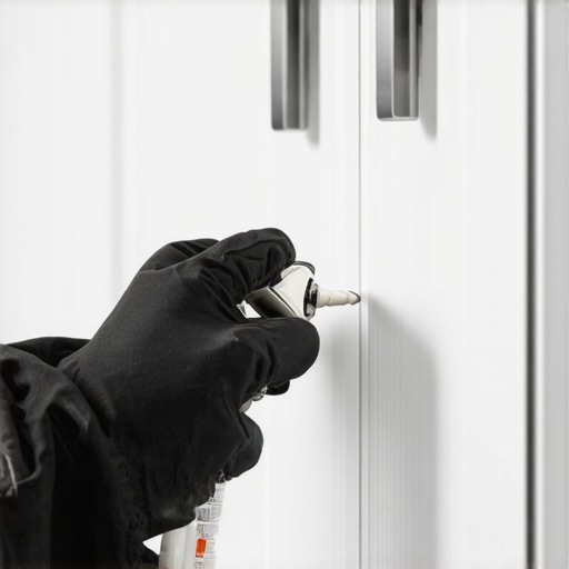 Close-up of a person maintaining sliding closet door rollers with a specialized dry lubricant spray for smooth movement.