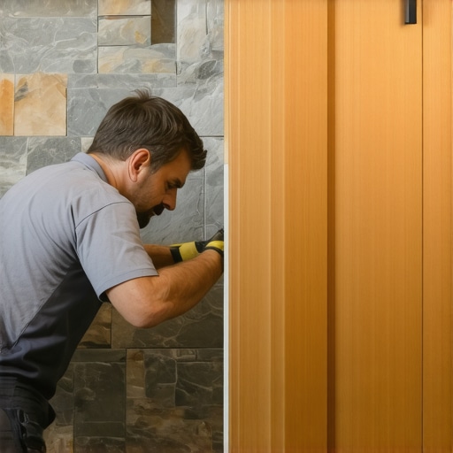 Applying moisture barrier to scribed cabinet Close-up of woodworker applying moisture protection to cabinet frame