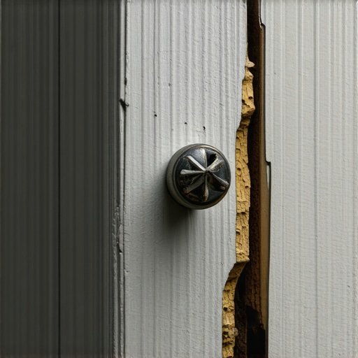 Close-up of cracked wood cabinet panel due to installation error