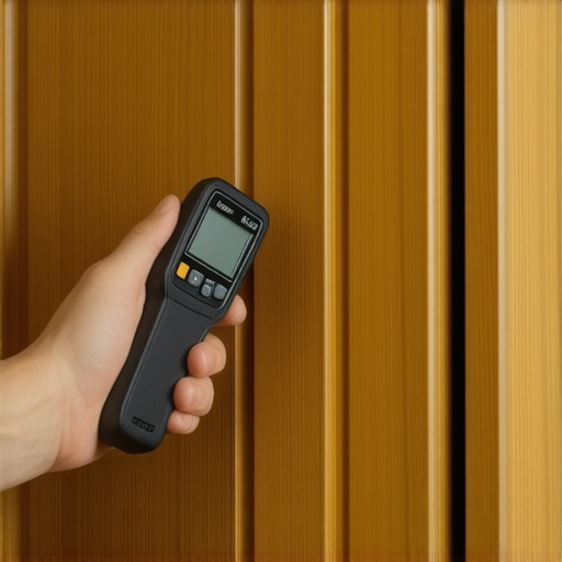 Digital moisture meter being used on a custom wood cabinet