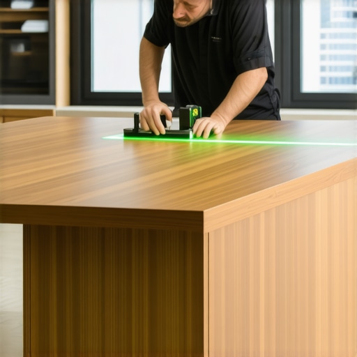 Checking level on a custom built-in desk A professional using a laser level on a mahogany desk to check for structural sag.