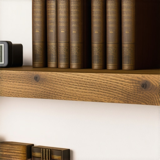 A digital moisture meter being used to inspect a solid oak floating shelf carrying a heavy load of books.