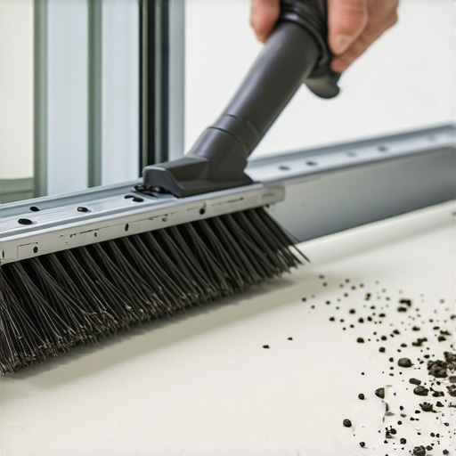 Close-up of cleaning debris from a metal closet door rail