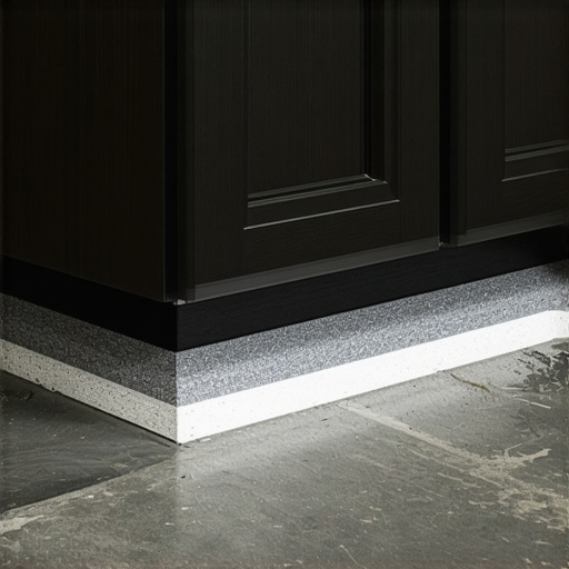 Composite Shims for Moisture Proofing Plastic composite shim creating a moisture-proof gap between a cabinet base and a concrete floor.