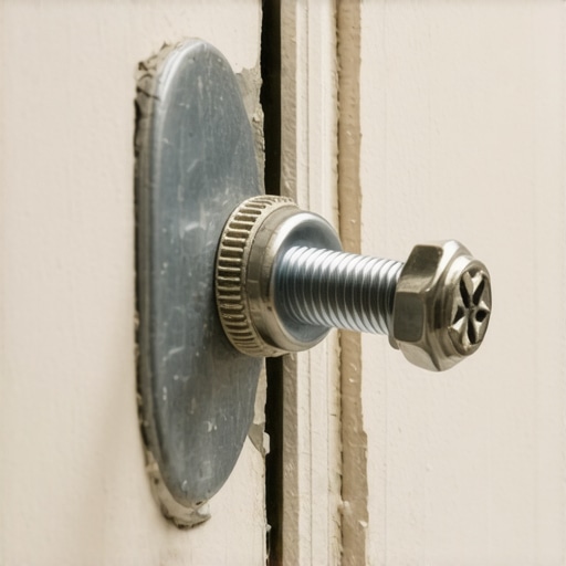Close-up of a metal toggle bolt being installed into drywall for a heavy cabinet.