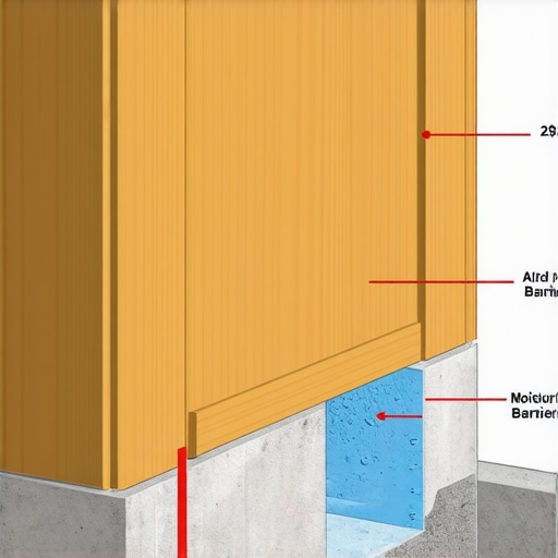A cross-section of a bathroom vanity installed with a moisture-proof base and air gap against a basement wall.