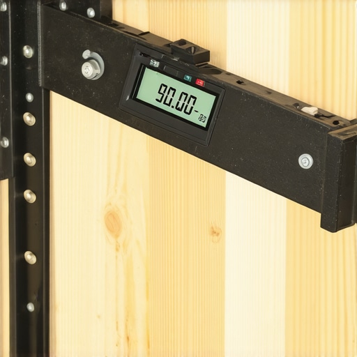 A digital angle gauge ensuring a workbench bracket is perfectly square to the wall.