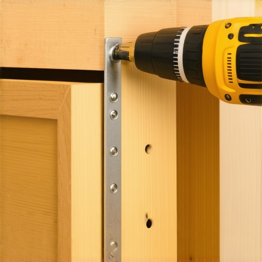 Hand installing a metal anti-sag bracket on the bottom of a wide wooden drawer.