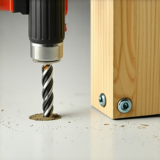 Close-up of a hammer drill creating a hole in a concrete floor for workbench stability